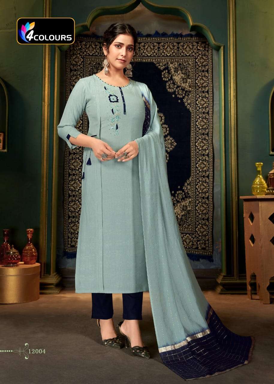 GULZAR BY 4 COLOURS 12001 TO 12005 SERIES BEAUTIFUL SUITS COLORFUL STYLISH FANCY CASUAL WEAR & ETHNIC WEAR HEAVY VISCOSE WEAVING WITH WORK DRESSES AT WHOLESALE PRICE
