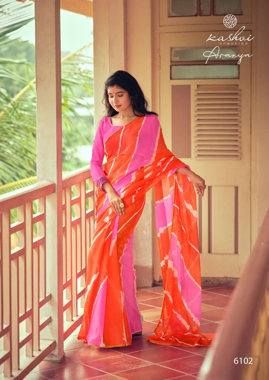 ARANYA BY KASHVI CREATION 6101 TO 6110 SERIES INDIAN TRADITIONAL WEAR COLLECTION BEAUTIFUL STYLISH FANCY COLORFUL PARTY WEAR & OCCASIONAL WEAR PURE CHIFFON SAREES AT WHOLESALE PRICE