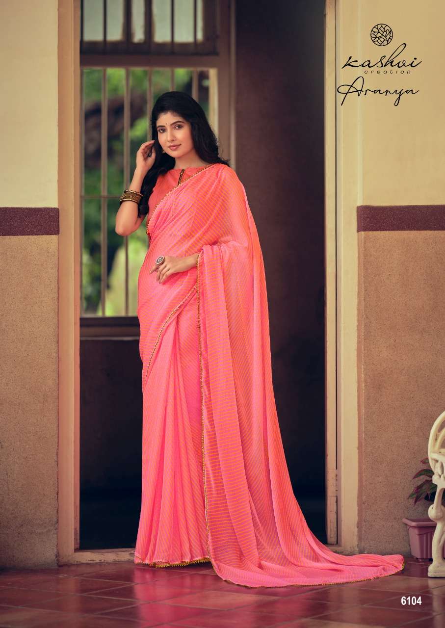 ARANYA BY KASHVI CREATION 6101 TO 6110 SERIES INDIAN TRADITIONAL WEAR COLLECTION BEAUTIFUL STYLISH FANCY COLORFUL PARTY WEAR & OCCASIONAL WEAR PURE CHIFFON SAREES AT WHOLESALE PRICE