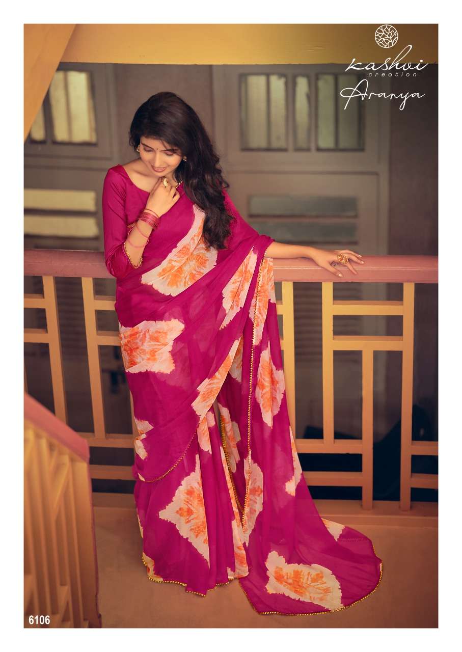 ARANYA BY KASHVI CREATION 6101 TO 6110 SERIES INDIAN TRADITIONAL WEAR COLLECTION BEAUTIFUL STYLISH FANCY COLORFUL PARTY WEAR & OCCASIONAL WEAR PURE CHIFFON SAREES AT WHOLESALE PRICE