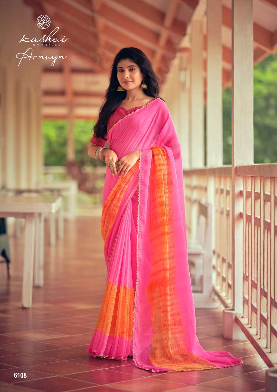 ARANYA BY KASHVI CREATION 6101 TO 6110 SERIES INDIAN TRADITIONAL WEAR COLLECTION BEAUTIFUL STYLISH FANCY COLORFUL PARTY WEAR & OCCASIONAL WEAR PURE CHIFFON SAREES AT WHOLESALE PRICE