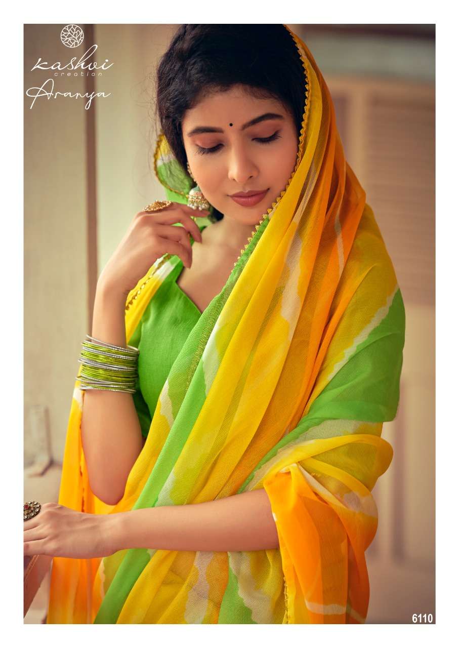 ARANYA BY KASHVI CREATION 6101 TO 6110 SERIES INDIAN TRADITIONAL WEAR COLLECTION BEAUTIFUL STYLISH FANCY COLORFUL PARTY WEAR & OCCASIONAL WEAR PURE CHIFFON SAREES AT WHOLESALE PRICE