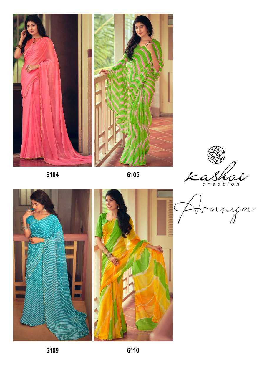 ARANYA BY KASHVI CREATION 6101 TO 6110 SERIES INDIAN TRADITIONAL WEAR COLLECTION BEAUTIFUL STYLISH FANCY COLORFUL PARTY WEAR & OCCASIONAL WEAR PURE CHIFFON SAREES AT WHOLESALE PRICE