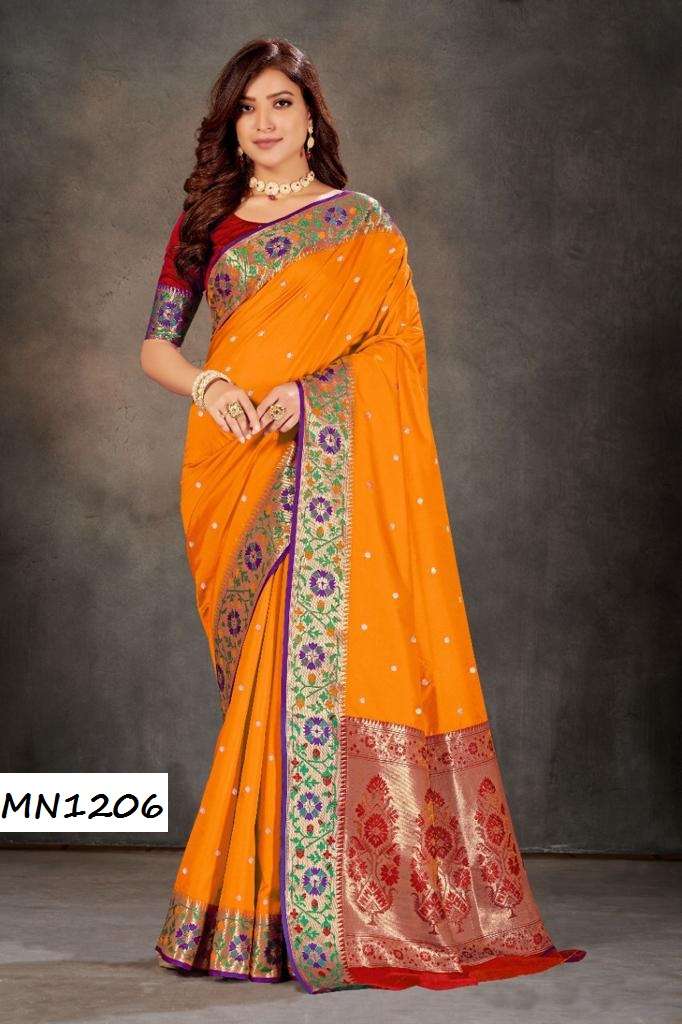 ROOHI HIT COLOR VOL-12 BY MANOHARI 1206 TO 1210 SERIES INDIAN TRADITIONAL WEAR COLLECTION BEAUTIFUL STYLISH FANCY COLORFUL PARTY WEAR & OCCASIONAL WEAR KANJIVARAM JACQUARD SAREES AT WHOLESALE PRICE