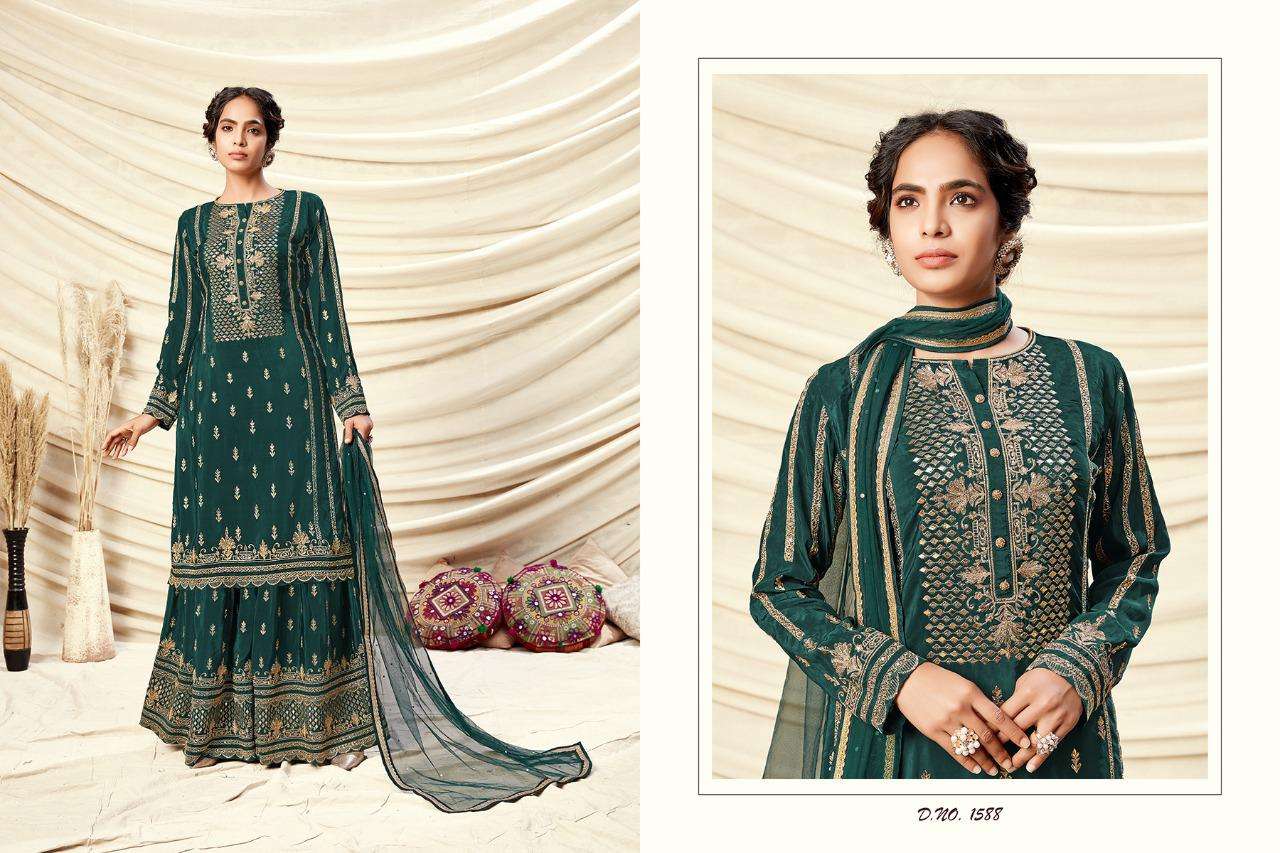 NOORIE BY RANI TRENDZ 1588 TO 1591 SERIES BEAUTIFUL STYLISH SHARARA SUITS FANCY COLORFUL CASUAL WEAR & ETHNIC WEAR & READY TO WEAR REAL GEORGETTE EMBROIDERED DRESSES AT WHOLESALE PRICE
