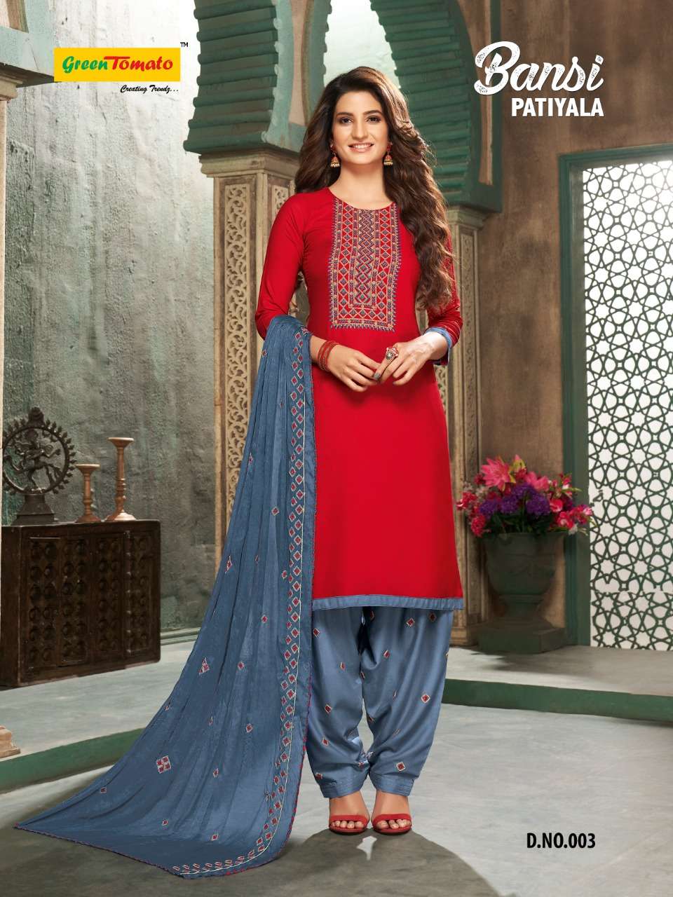 BANSI PATIYALA BY GREEN TOMATO 001 TO 008 SERIES BEAUTIFUL PATIYALA SUITS COLORFUL STYLISH FANCY CASUAL WEAR & ETHNIC WEAR HEAVY RAYON EMBROIDERED DRESSES AT WHOLESALE PRICE
