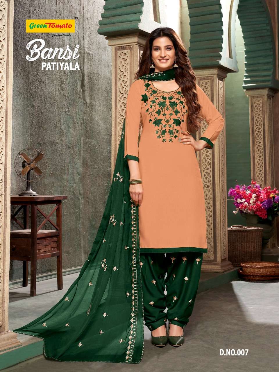 BANSI PATIYALA BY GREEN TOMATO 001 TO 008 SERIES BEAUTIFUL PATIYALA SUITS COLORFUL STYLISH FANCY CASUAL WEAR & ETHNIC WEAR HEAVY RAYON EMBROIDERED DRESSES AT WHOLESALE PRICE
