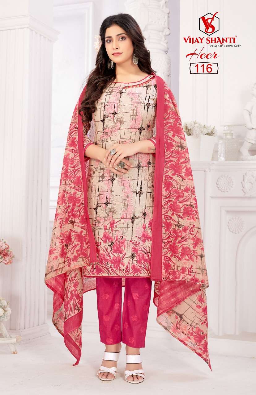 HEER BY VIJAY SHANTI 108 TO 125 SERIES BEAUTIFUL SUITS COLORFUL STYLISH FANCY CASUAL WEAR & ETHNIC WEAR HEAVY COTTON PRINT DRESSES AT WHOLESALE PRICE