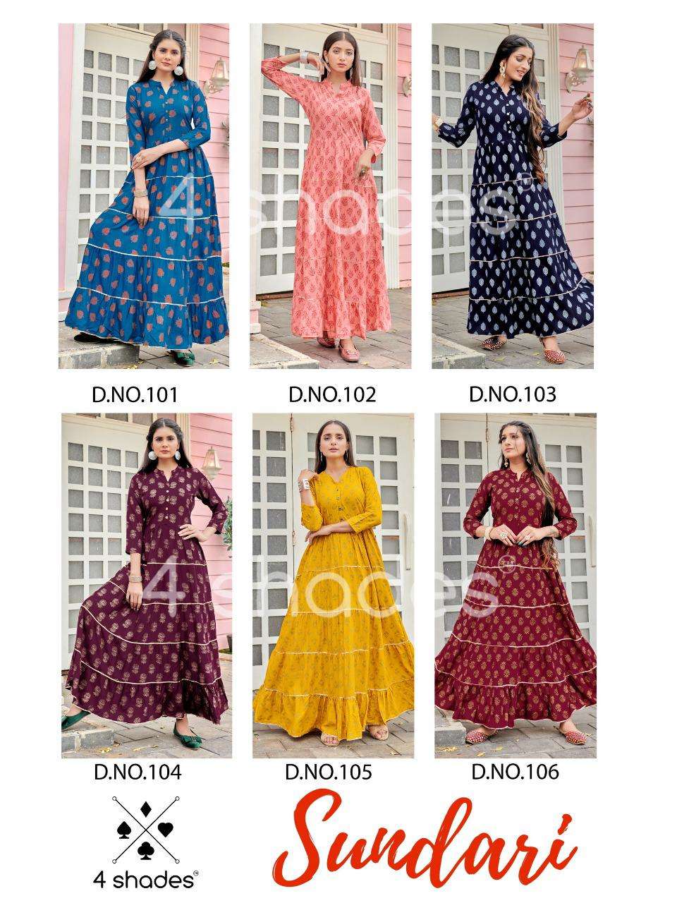 SUNDARI BY 4 SHADES 101 TO 106 SERIES BEAUTIFUL STYLISH FANCY COLORFUL CASUAL WEAR & ETHNIC WEAR COTTON PRINT GOWNS AT WHOLESALE PRICE