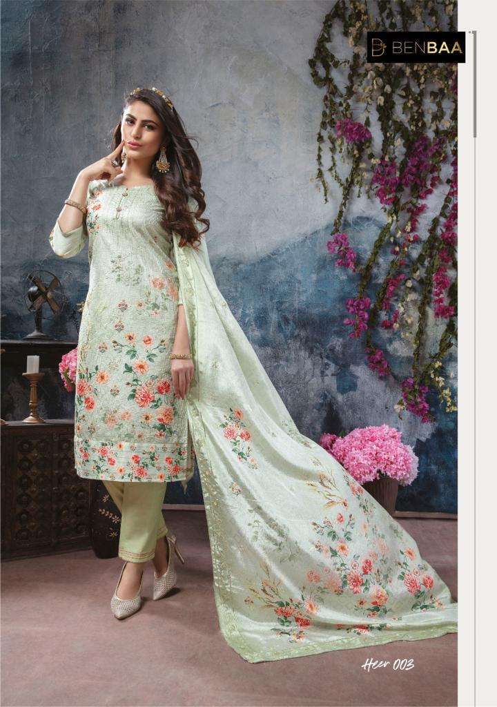HEER BY BENBAA 001 TO 006 SERIES BEAUTIFUL SUITS COLORFUL STYLISH FANCY CASUAL WEAR & ETHNIC WEAR PURE HEAVY JAM SILK PRINT DRESSES AT WHOLESALE PRICE
