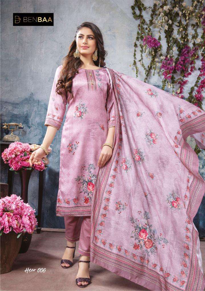 HEER BY BENBAA 001 TO 006 SERIES BEAUTIFUL SUITS COLORFUL STYLISH FANCY CASUAL WEAR & ETHNIC WEAR PURE HEAVY JAM SILK PRINT DRESSES AT WHOLESALE PRICE