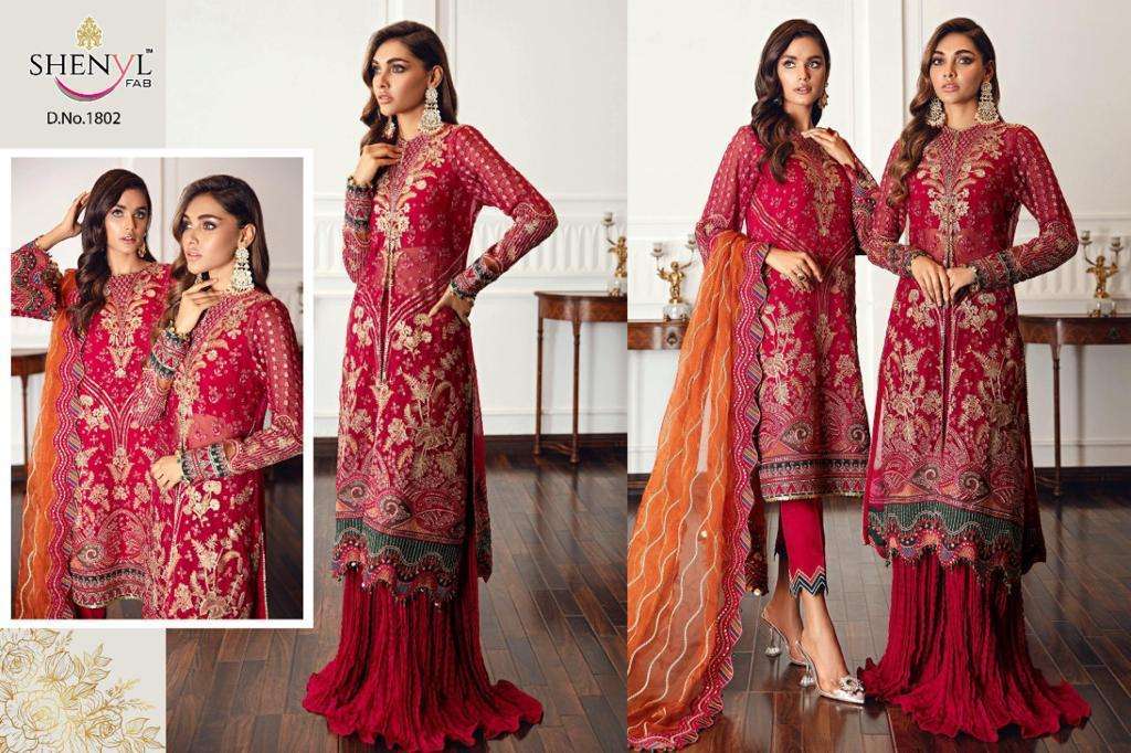 SHENYL HITS VOL-7 BY SHENYL FAB 1801 TO 1804 SERIES DESIGNER PAKISTANI SUITS BEAUTIFUL STYLISH FANCY COLORFUL PARTY WEAR & OCCASIONAL WEAR FAUX GEORGETTE EMBROIDERY DRESSES AT WHOLESALE PRICE