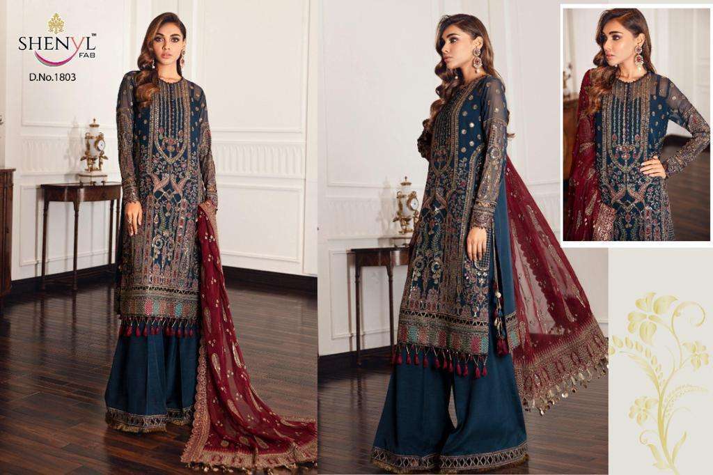 SHENYL HITS VOL-7 BY SHENYL FAB 1801 TO 1804 SERIES DESIGNER PAKISTANI SUITS BEAUTIFUL STYLISH FANCY COLORFUL PARTY WEAR & OCCASIONAL WEAR FAUX GEORGETTE EMBROIDERY DRESSES AT WHOLESALE PRICE