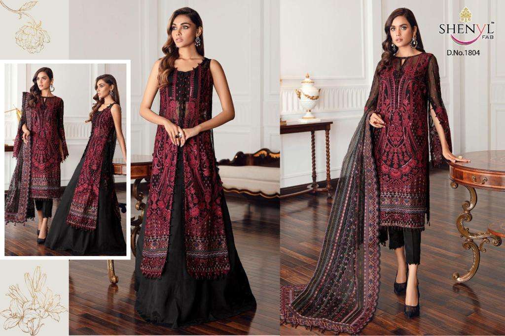 SHENYL HITS VOL-7 BY SHENYL FAB 1801 TO 1804 SERIES DESIGNER PAKISTANI SUITS BEAUTIFUL STYLISH FANCY COLORFUL PARTY WEAR & OCCASIONAL WEAR FAUX GEORGETTE EMBROIDERY DRESSES AT WHOLESALE PRICE