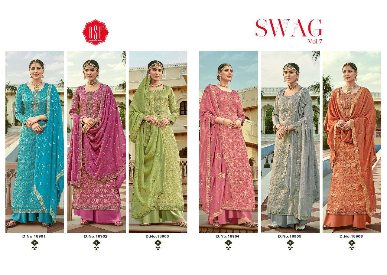 SWAG VOL-7 BY RIDDHI SIDDHI FASHION 18901 TO 18906 SERIES BEAUTIFUL STYLISH SHARARA SUITS FANCY COLORFUL CASUAL WEAR & ETHNIC WEAR & READY TO WEAR PURE SILK JACQAURD EMBROIDERED DRESSES AT WHOLESALE PRICE