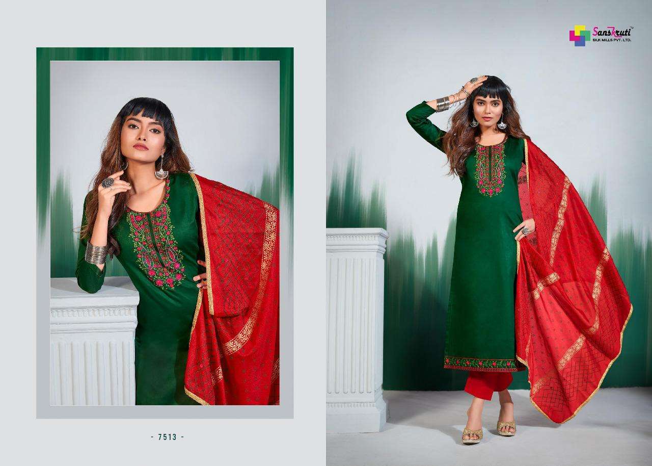 ORION BY SANSKRUTI SILK MILLS 7513 TO 7518 SERIES BEAUTIFUL SUITS COLORFUL STYLISH FANCY CASUAL WEAR & ETHNIC WEAR PURE JAM SILK EMBROIDERED DRESSES AT WHOLESALE PRICE