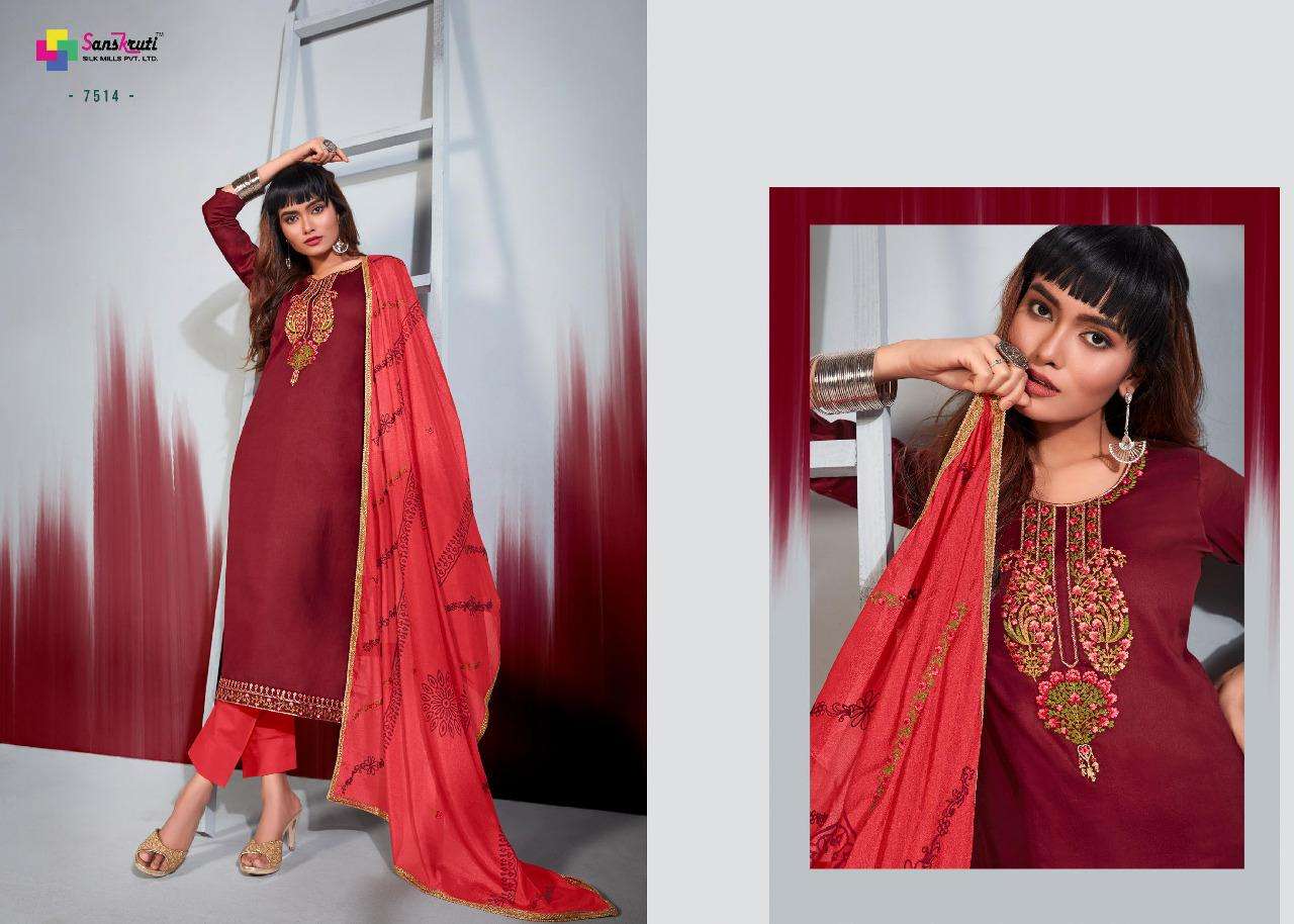 ORION BY SANSKRUTI SILK MILLS 7513 TO 7518 SERIES BEAUTIFUL SUITS COLORFUL STYLISH FANCY CASUAL WEAR & ETHNIC WEAR PURE JAM SILK EMBROIDERED DRESSES AT WHOLESALE PRICE