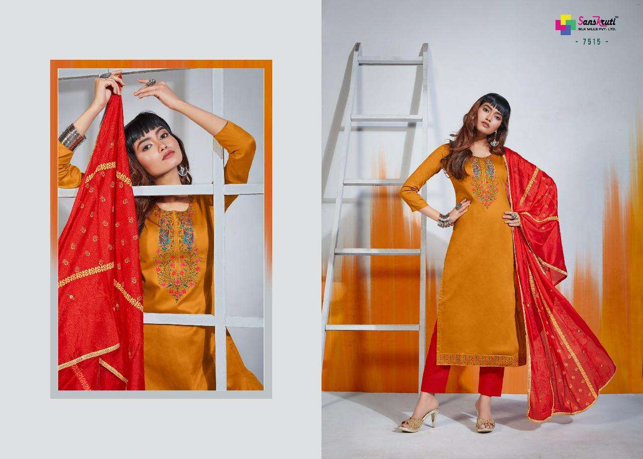 ORION BY SANSKRUTI SILK MILLS 7513 TO 7518 SERIES BEAUTIFUL SUITS COLORFUL STYLISH FANCY CASUAL WEAR & ETHNIC WEAR PURE JAM SILK EMBROIDERED DRESSES AT WHOLESALE PRICE