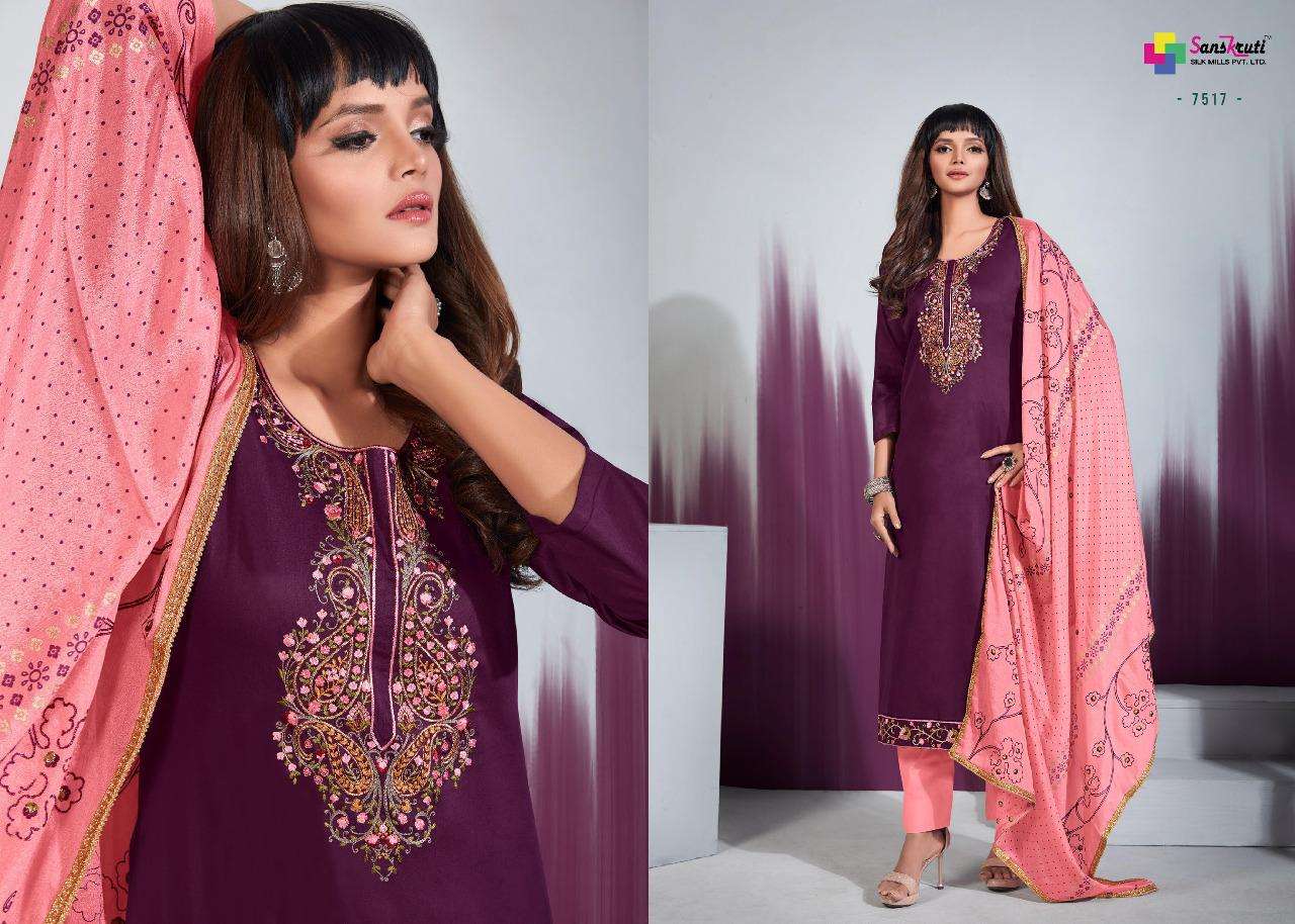 ORION BY SANSKRUTI SILK MILLS 7513 TO 7518 SERIES BEAUTIFUL SUITS COLORFUL STYLISH FANCY CASUAL WEAR & ETHNIC WEAR PURE JAM SILK EMBROIDERED DRESSES AT WHOLESALE PRICE