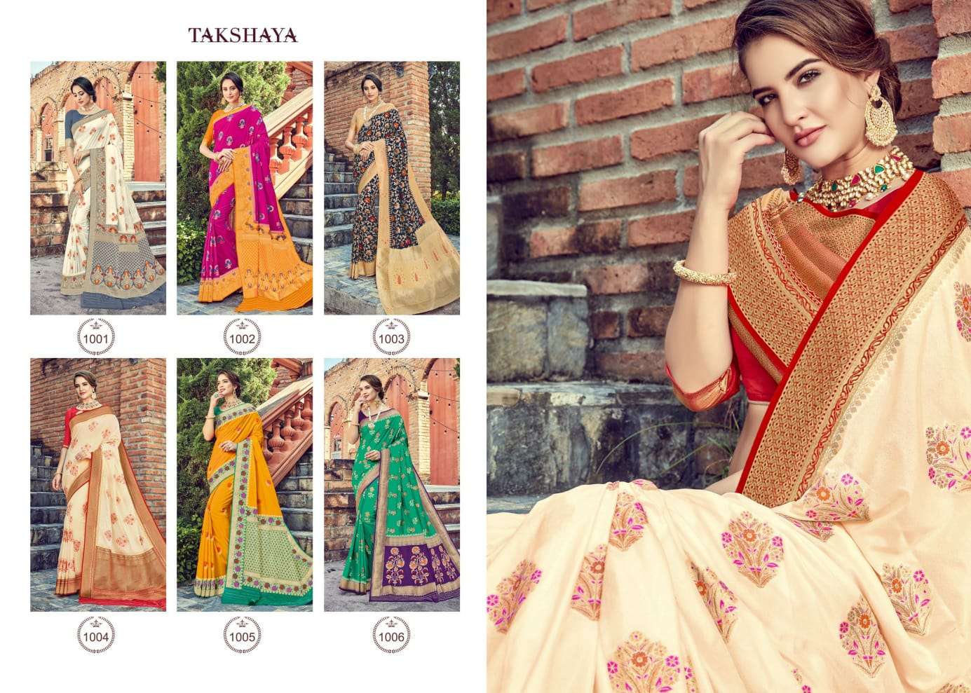 AALOKI BY TAKSHAYA 1001 TO 1006 SERIES INDIAN TRADITIONAL WEAR COLLECTION BEAUTIFUL STYLISH FANCY COLORFUL PARTY WEAR & OCCASIONAL WEAR SILK SAREES AT WHOLESALE PRICE