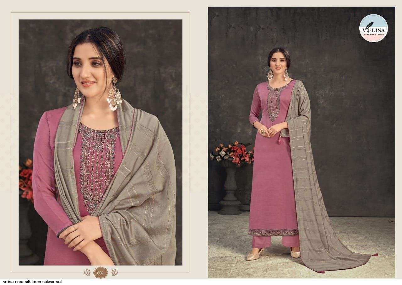 NORA BY VELISA 801 TO 804 SERIES BEAUTIFUL SUITS COLORFUL STYLISH FANCY CASUAL WEAR & ETHNIC WEAR SILK LINEN SATIN EMBROIDERED DRESSES AT WHOLESALE PRICE