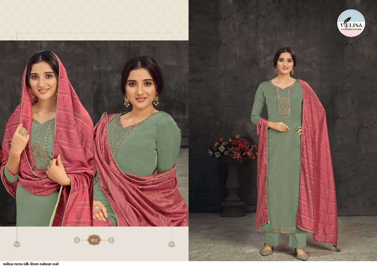 NORA BY VELISA 801 TO 804 SERIES BEAUTIFUL SUITS COLORFUL STYLISH FANCY CASUAL WEAR & ETHNIC WEAR SILK LINEN SATIN EMBROIDERED DRESSES AT WHOLESALE PRICE