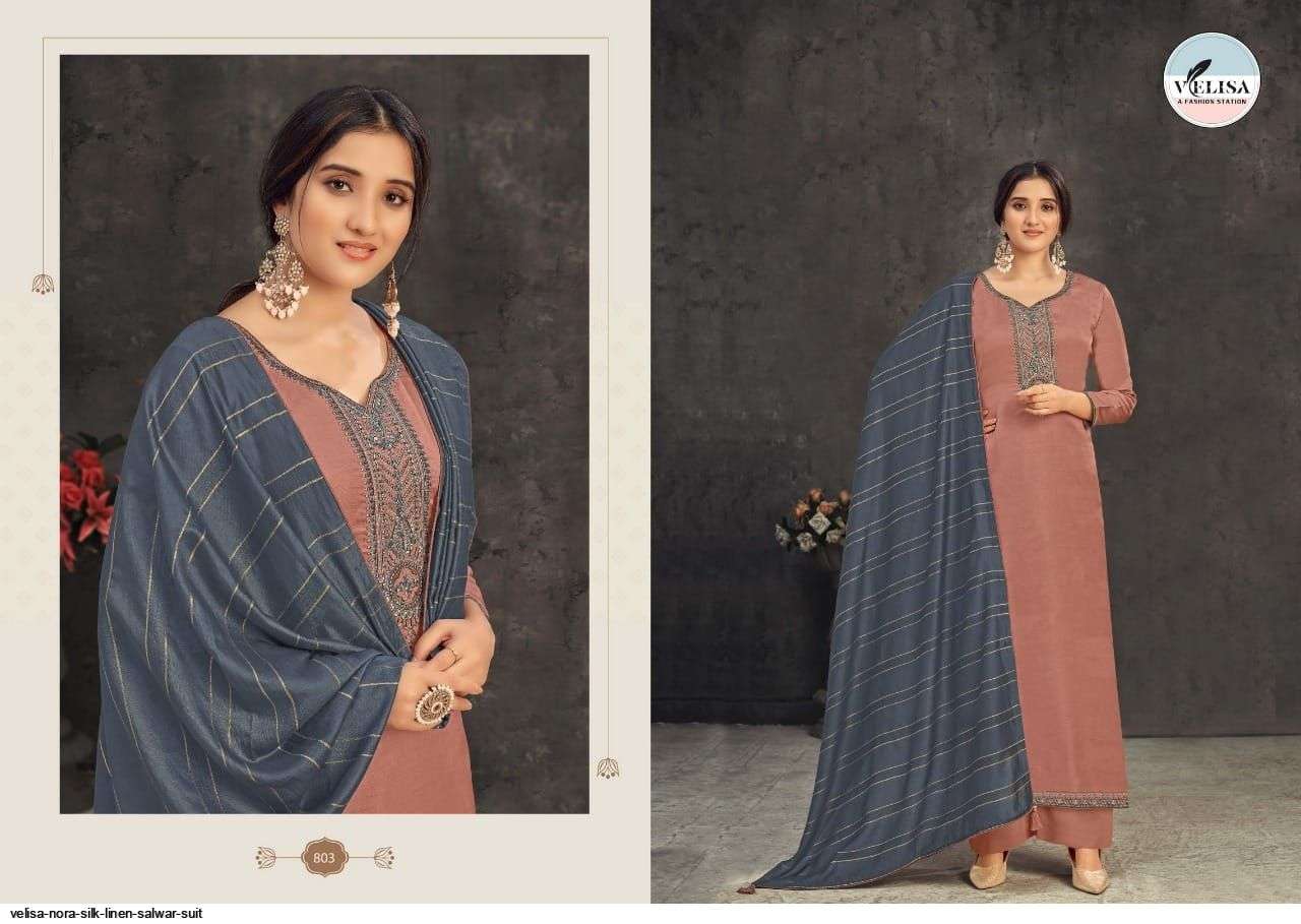 NORA BY VELISA 801 TO 804 SERIES BEAUTIFUL SUITS COLORFUL STYLISH FANCY CASUAL WEAR & ETHNIC WEAR SILK LINEN SATIN EMBROIDERED DRESSES AT WHOLESALE PRICE
