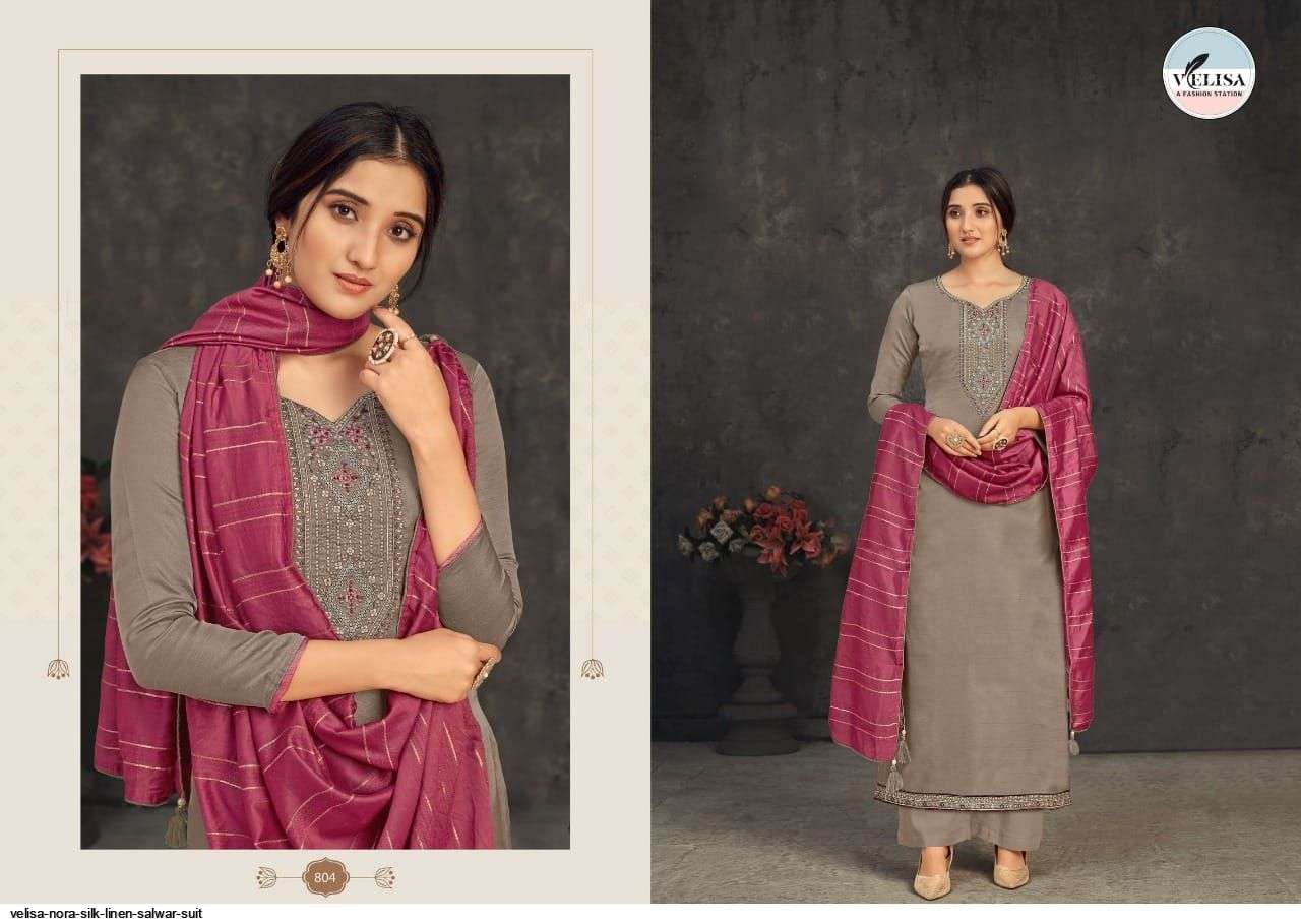 NORA BY VELISA 801 TO 804 SERIES BEAUTIFUL SUITS COLORFUL STYLISH FANCY CASUAL WEAR & ETHNIC WEAR SILK LINEN SATIN EMBROIDERED DRESSES AT WHOLESALE PRICE