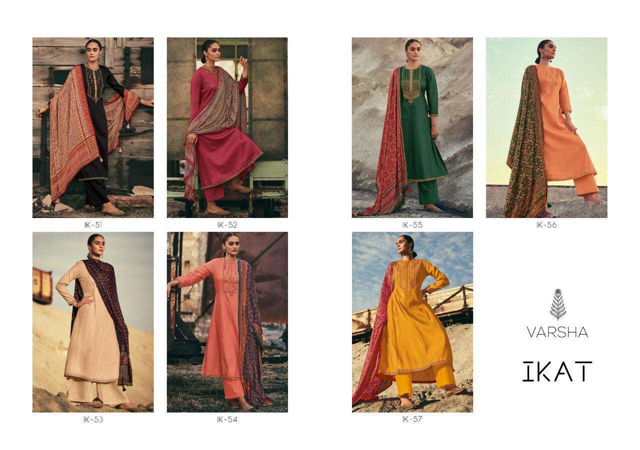 IKAT BY VARSHA FASHION 51 TO 57 SERIES BEAUTIFUL SUITS COLORFUL STYLISH FANCY CASUAL WEAR & ETHNIC WEAR TUSSAR WOVEN EMBROIDERED DRESSES AT WHOLESALE PRICE