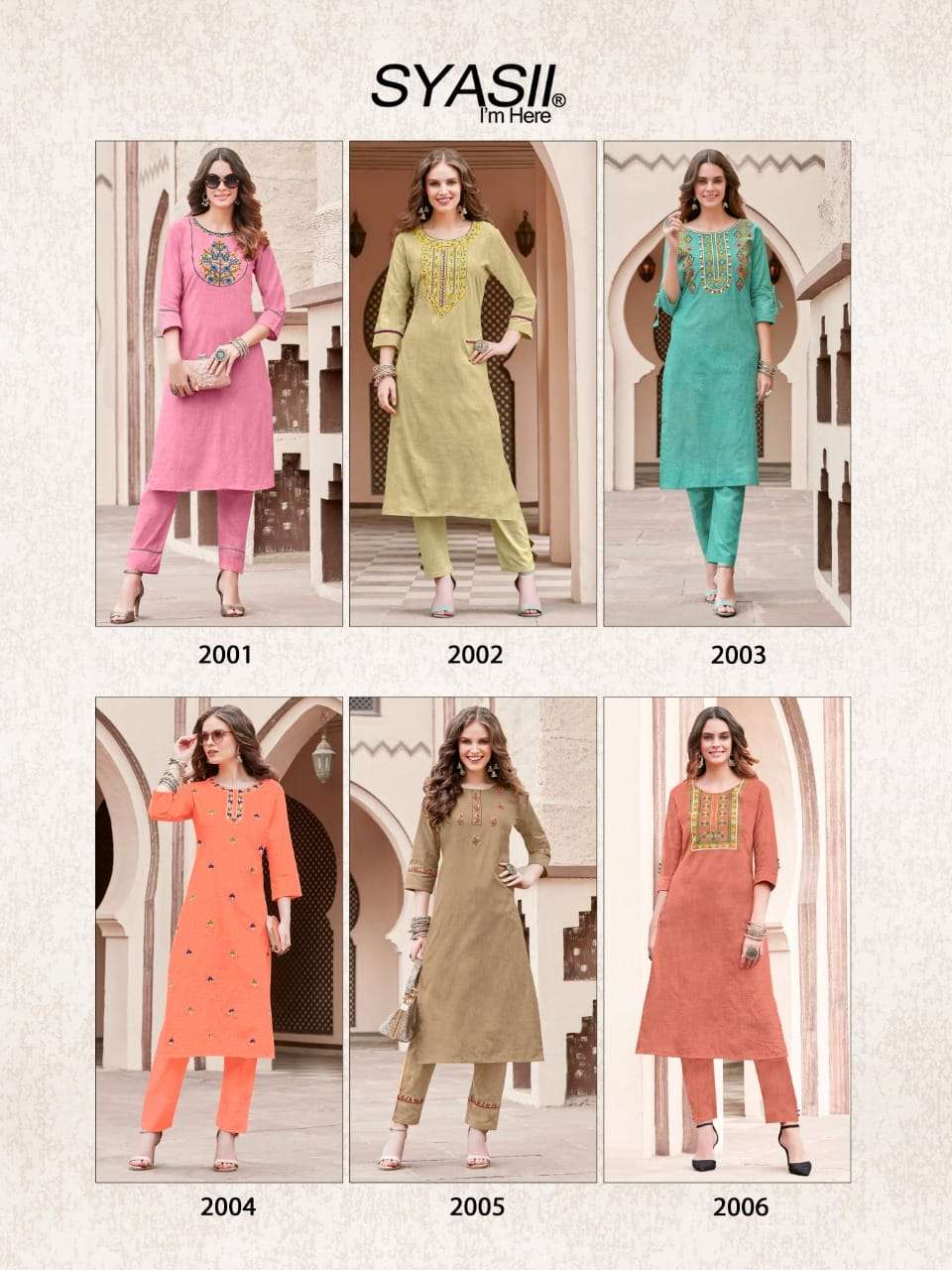 PURE VOL-2 BY SYASII 2001 TO 2006 SERIES DESIGNER STYLISH FANCY COLORFUL BEAUTIFUL PARTY WEAR & ETHNIC WEAR COLLECTION PURE COTTON SLUB EMBROIDERY KURTIS WITH BOTTOM AT WHOLESALE PRICE