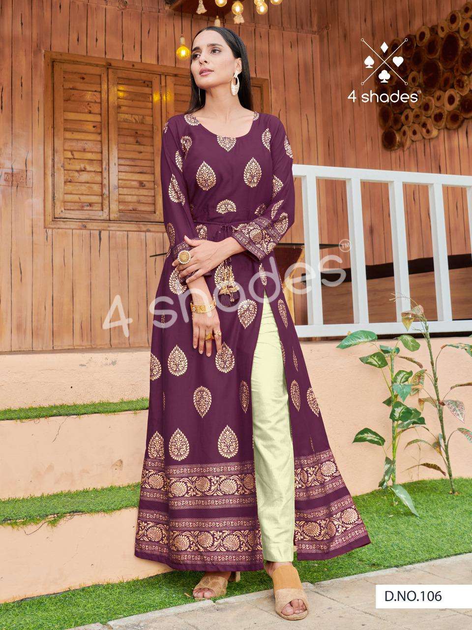 UN DEKHI BY 4 SHADES 101 TO 106 SERIES DESIGNER STYLISH FANCY COLORFUL BEAUTIFUL PARTY WEAR & ETHNIC WEAR COLLECTION RAYON PRINT KURTIS AT WHOLESALE PRICE