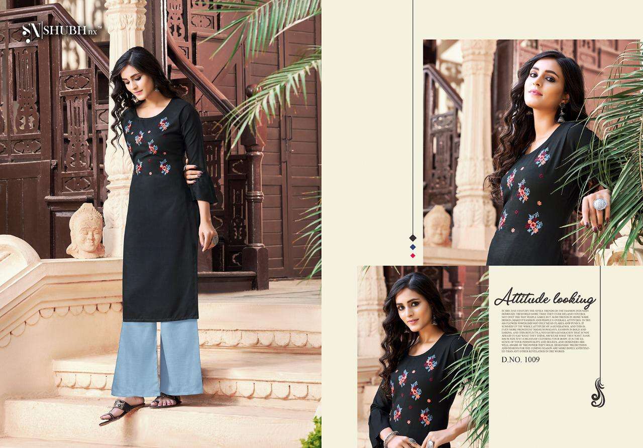 SUPER PLAZO BY SHUBH NX 1001 TO 1010 SERIES DESIGNER STYLISH FANCY COLORFUL BEAUTIFUL PARTY WEAR & ETHNIC WEAR COLLECTION RAYON SLUB EMBROIDERY KURTIS WITH BOTTOM AT WHOLESALE PRICE