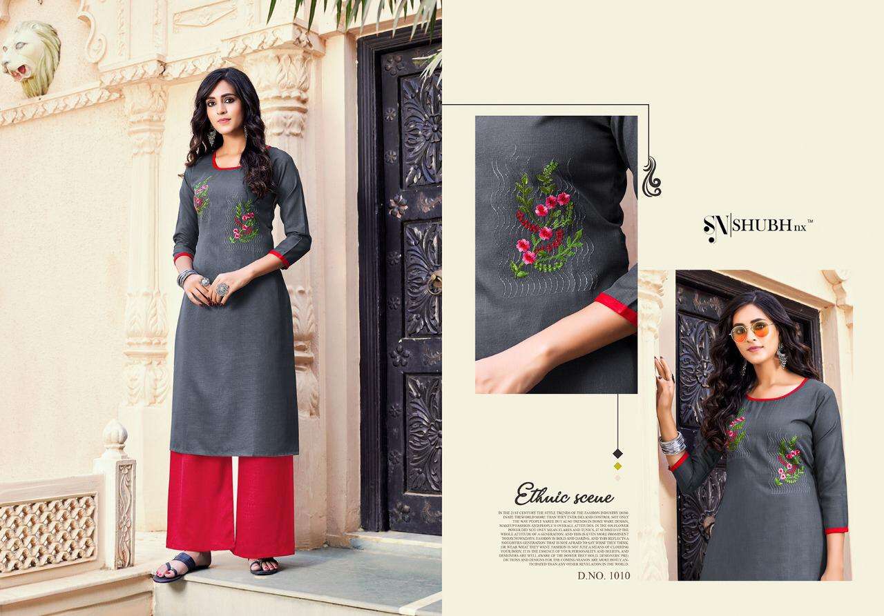 SUPER PLAZO BY SHUBH NX 1001 TO 1010 SERIES DESIGNER STYLISH FANCY COLORFUL BEAUTIFUL PARTY WEAR & ETHNIC WEAR COLLECTION RAYON SLUB EMBROIDERY KURTIS WITH BOTTOM AT WHOLESALE PRICE