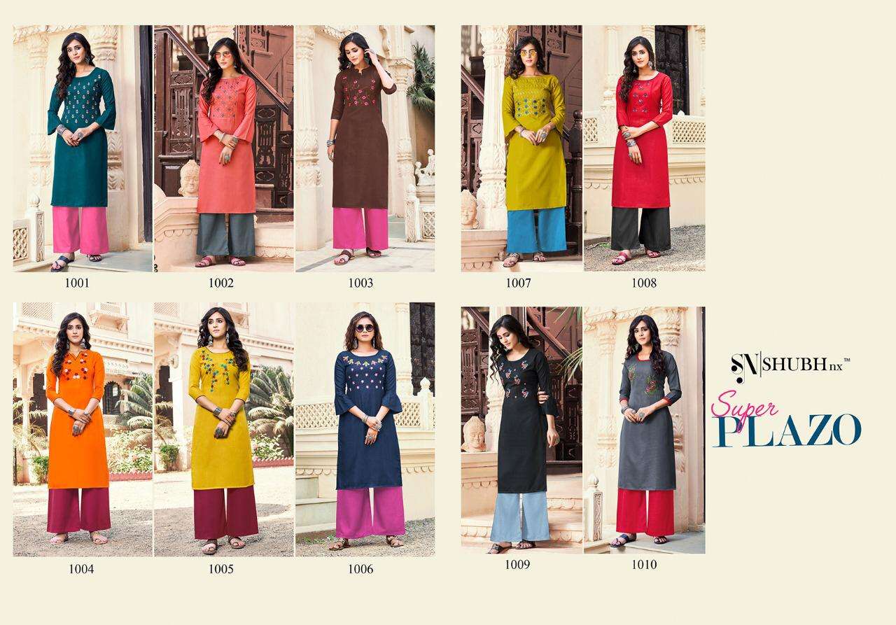SUPER PLAZO BY SHUBH NX 1001 TO 1010 SERIES DESIGNER STYLISH FANCY COLORFUL BEAUTIFUL PARTY WEAR & ETHNIC WEAR COLLECTION RAYON SLUB EMBROIDERY KURTIS WITH BOTTOM AT WHOLESALE PRICE