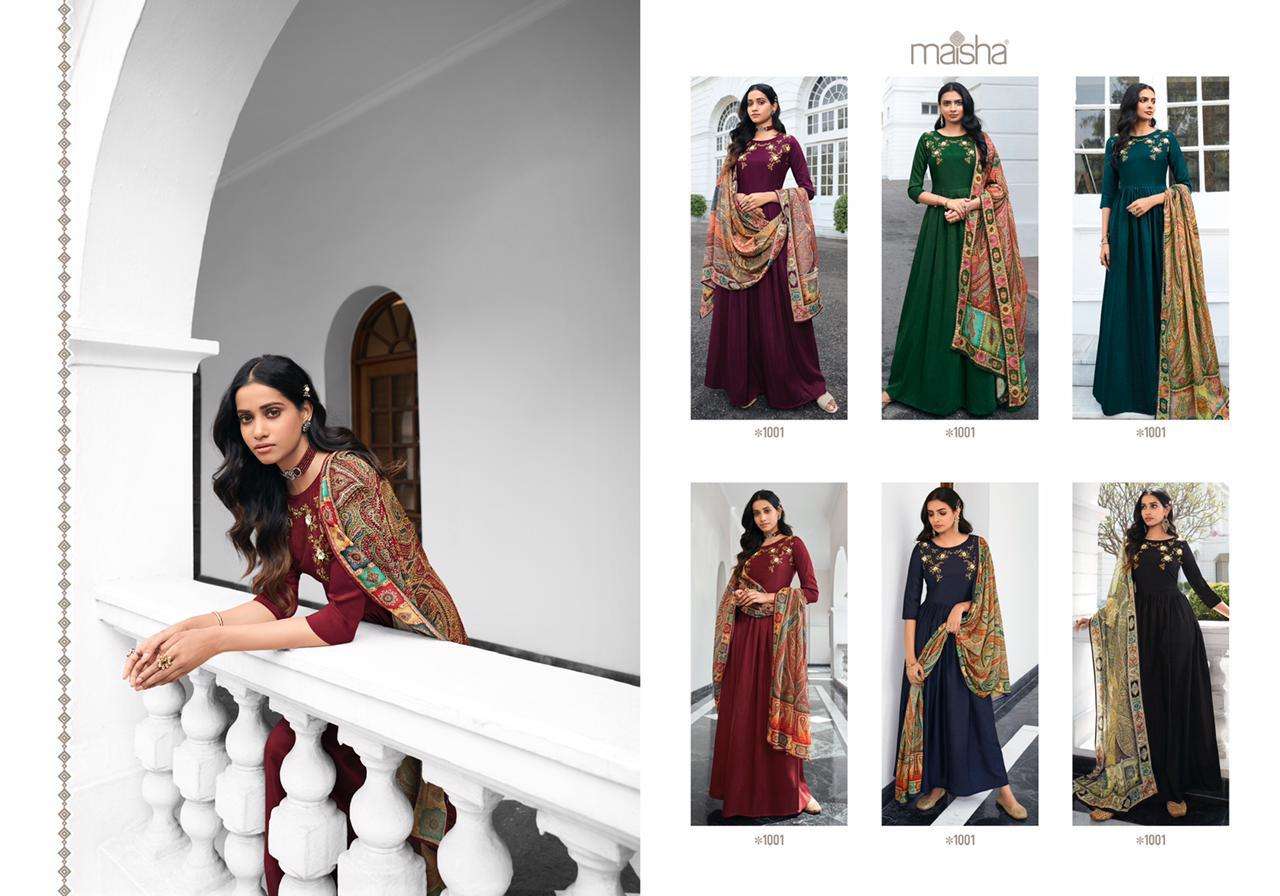 Masleen By Maisha 1001 To 1006 Series Beautiful Stylish Fancy Colorful Casual Wear & Ethnic Wear Pure Viscose Muslin Embroidered Gowns With Dupatta At Wholesale Price