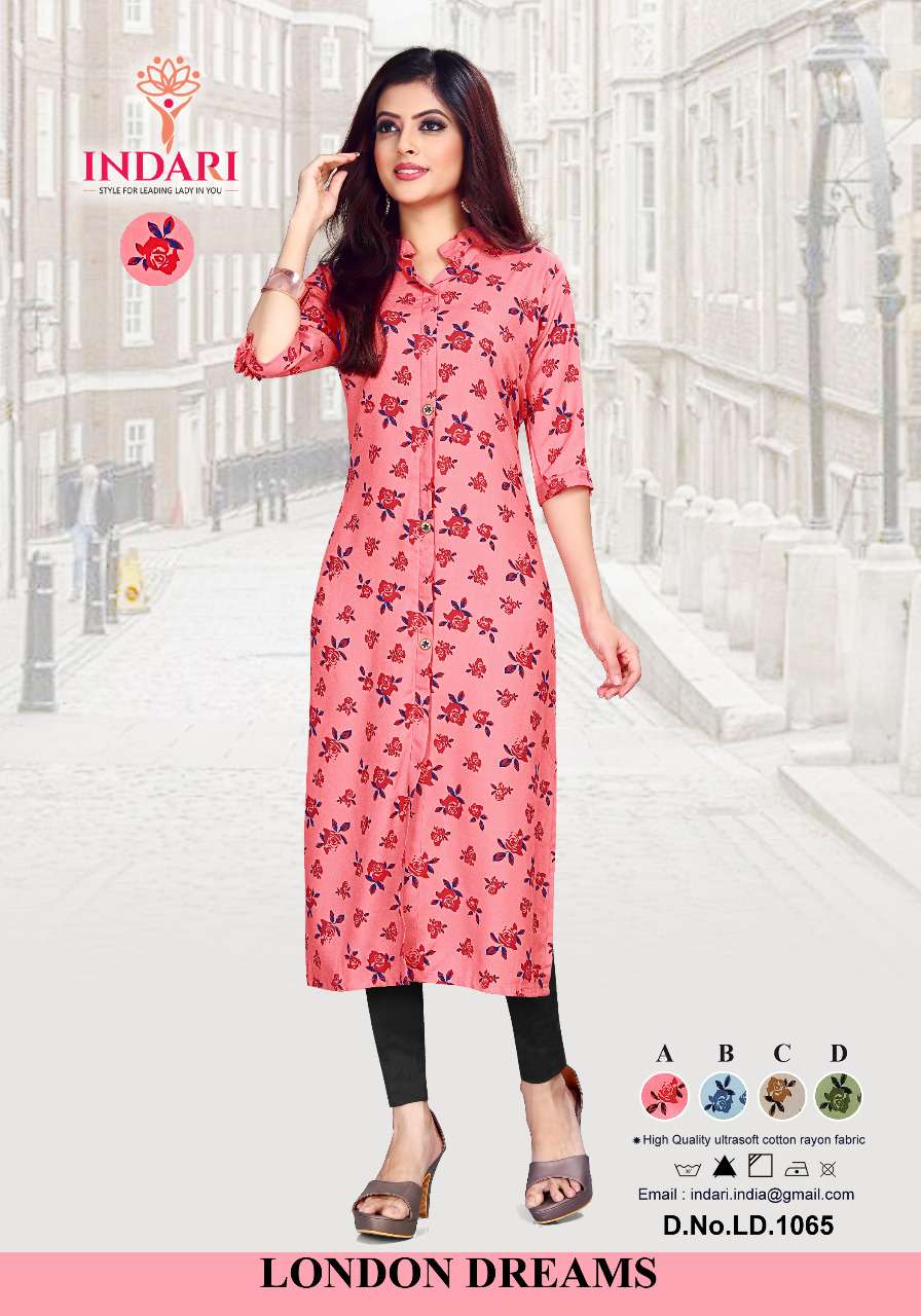 LONDON DREAMS BY INDARI DESIGNER STYLISH FANCY COLORFUL BEAUTIFUL PARTY WEAR & ETHNIC WEAR COLLECTION RAYON PRINT KURTIS AT WHOLESALE PRICE