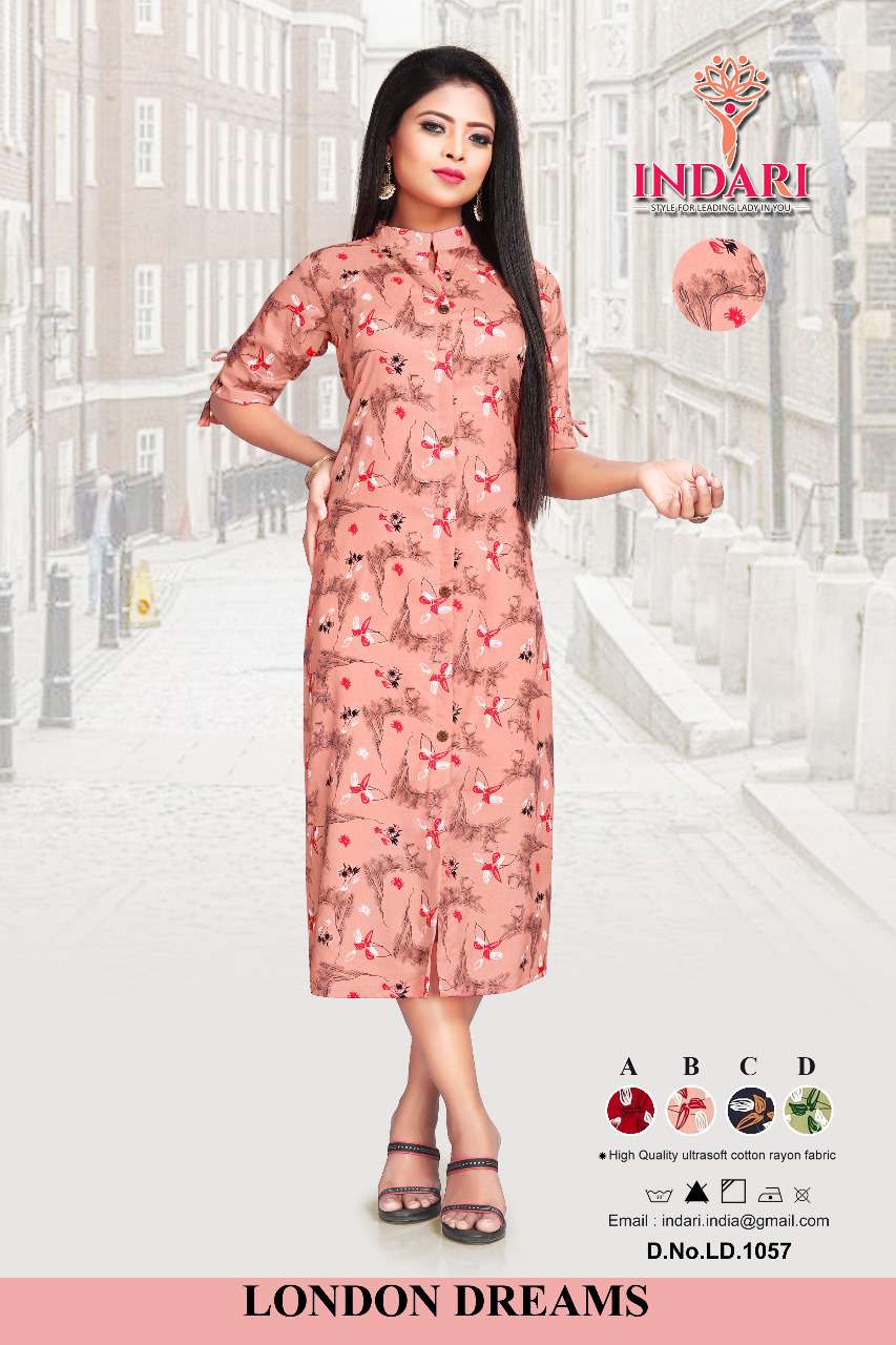LONDON DREAMS BY INDARI DESIGNER STYLISH FANCY COLORFUL BEAUTIFUL PARTY WEAR & ETHNIC WEAR COLLECTION RAYON PRINT KURTIS AT WHOLESALE PRICE