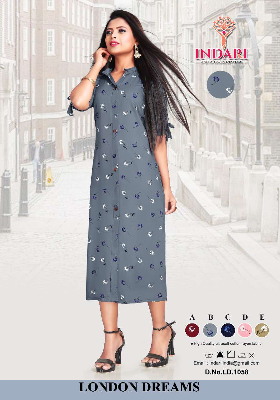 LONDON DREAMS BY INDARI DESIGNER STYLISH FANCY COLORFUL BEAUTIFUL PARTY WEAR & ETHNIC WEAR COLLECTION RAYON PRINT KURTIS AT WHOLESALE PRICE