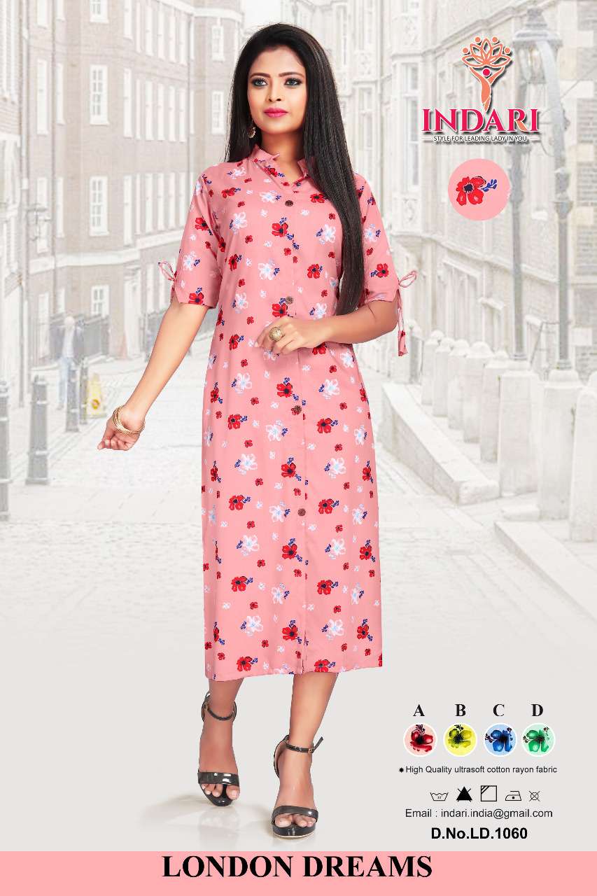 LONDON DREAMS BY INDARI DESIGNER STYLISH FANCY COLORFUL BEAUTIFUL PARTY WEAR & ETHNIC WEAR COLLECTION RAYON PRINT KURTIS AT WHOLESALE PRICE