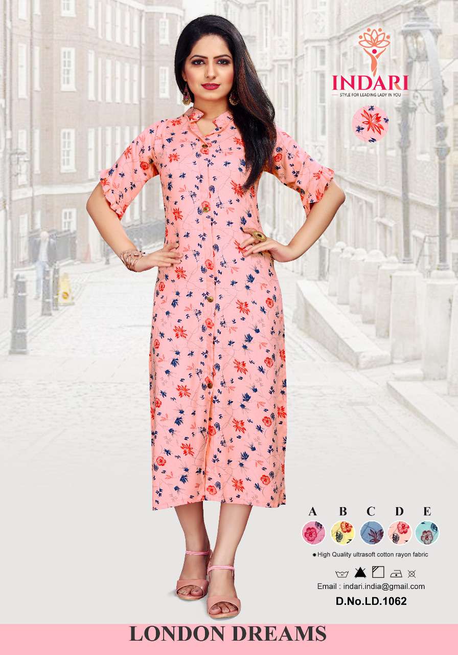 LONDON DREAMS BY INDARI DESIGNER STYLISH FANCY COLORFUL BEAUTIFUL PARTY WEAR & ETHNIC WEAR COLLECTION RAYON PRINT KURTIS AT WHOLESALE PRICE
