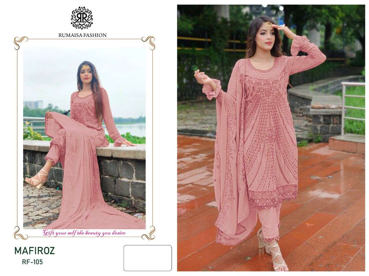 MAFIROZ BY RUMAISHA FASHION 105-A TO 105-D SERIES DESIGNER PAKISTANI SUITS BEAUTIFUL STYLISH FANCY COLORFUL PARTY WEAR & OCCASIONAL WEAR FAUX GEORGETTE EMBROIDERED DRESSES AT WHOLESALE PRICE