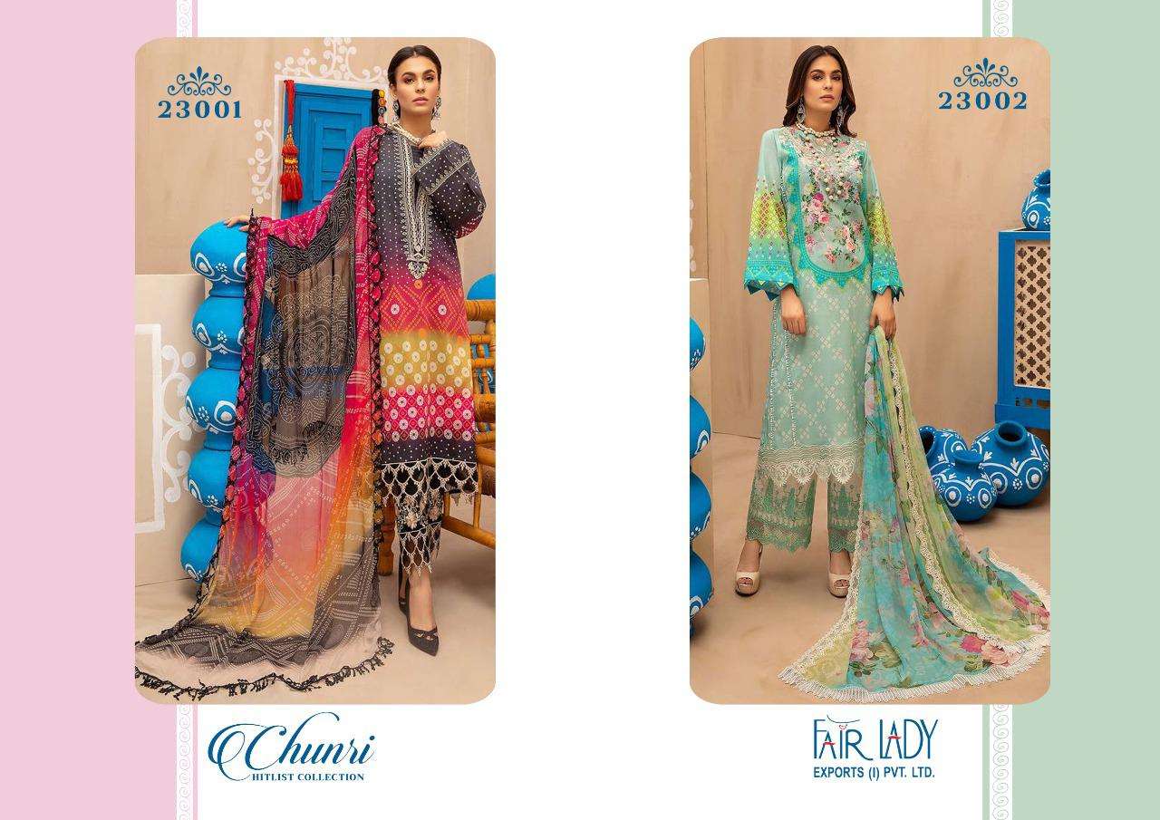 CHUNRI HITLIST COLLECTION BY FAIR LADY 23001 TO 23002 SERIES PAKISTANI SUITS BEAUTIFUL FANCY COLORFUL STYLISH PARTY WEAR & OCCASIONAL WEAR LAWN COTTON PRINT WITH EMBROIDERY DRESSES AT WHOLESALE PRICE