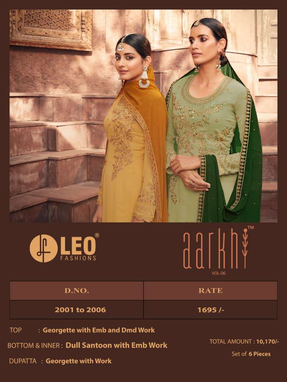 AARKHI VOL-6 BY LEO FASHION 2001 TO 2006 SERIES BEAUTIFUL SUITS COLORFUL STYLISH FANCY CASUAL WEAR & ETHNIC WEAR GEORGETTE EMBROIDERED DRESSES AT WHOLESALE PRICE
