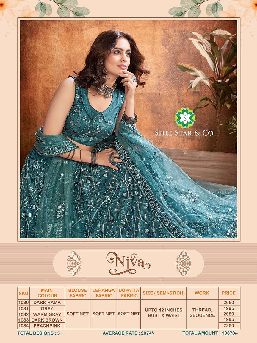 NIVA BY SHEE STAR 1080 TO 1084 SERIES BEAUTIFUL COLORFUL FANCY WEDDING COLLECTION OCCASIONAL WEAR & PARTY WEAR SOFT NET LEHENGAS AT WHOLESALE PRICE