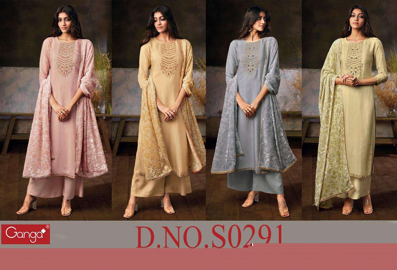 ZURI-291 BY GANGA FASHION 291-A TO 291-D SERIES DESIGNER SUITS STYLISH DESIGNER COLORFUL FANCY BEAUTIFUL PARTY WEAR & ETHNIC WEAR PURE SILK EMBROIDERED DRESSES AT WHOLESALE PRICE