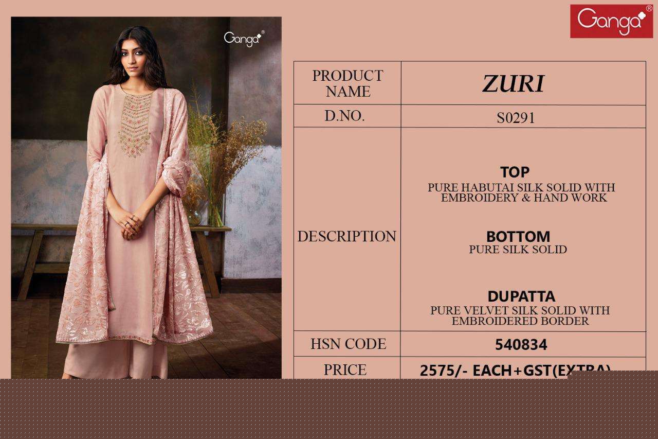 ZURI-291 BY GANGA FASHION 291-A TO 291-D SERIES DESIGNER SUITS STYLISH DESIGNER COLORFUL FANCY BEAUTIFUL PARTY WEAR & ETHNIC WEAR PURE SILK EMBROIDERED DRESSES AT WHOLESALE PRICE
