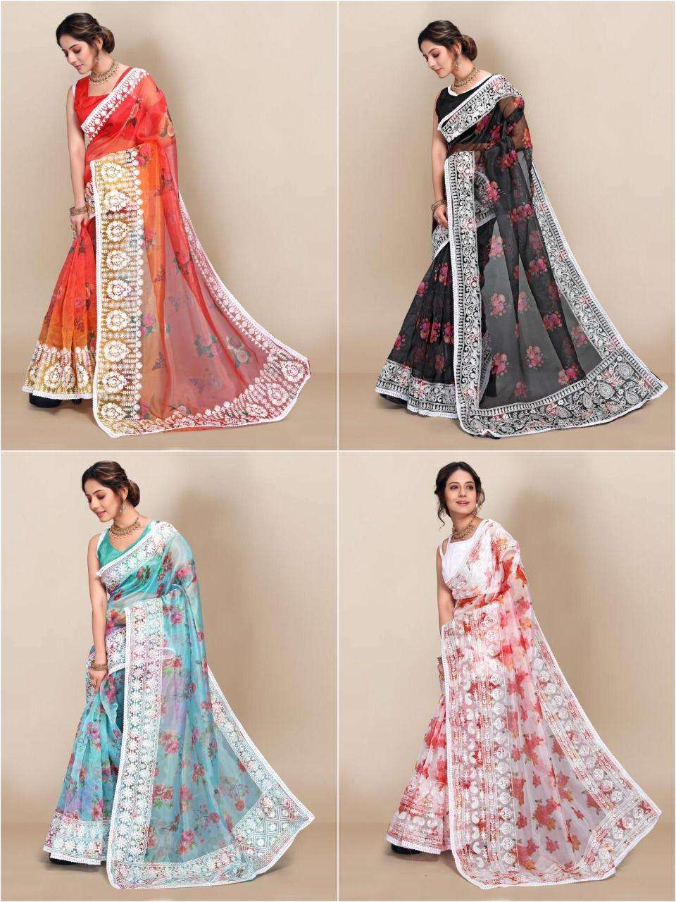 SLYVIE BY INDO VASTRA 01 TO 04 SERIES INDIAN TRADITIONAL WEAR COLLECTION BEAUTIFUL STYLISH FANCY COLORFUL PARTY WEAR & OCCASIONAL WEAR ORGANZA SAREES AT WHOLESALE PRICE