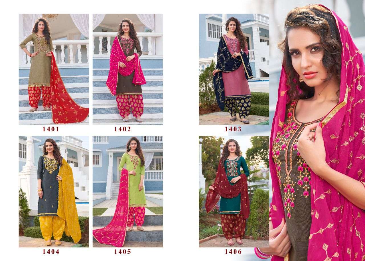 MAHEK BY UTSAV SUITS 1401 TO 1406 SERIES BEAUTIFUL STYLISH PATIYALA SUITS FANCY COLORFUL CASUAL WEAR & ETHNIC WEAR & READY TO WEAR COTTON SATIN DRESSES AT WHOLESALE PRICE