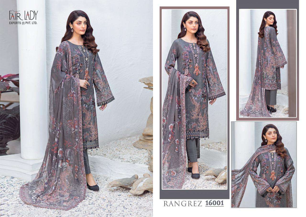 RANGREZ BY FAIR LADY 16001 TO 16006 SERIES DESIGNER PAKISTANI SUITS COLLECTION BEAUTIFUL STYLISH COLORFUL FANCY PARTY WEAR & OCCASIONAL WEAR LAWN COTTON DIGITAL PRINT WITH EMBROIDERY DRESSES AT WHOLESALE PRICE