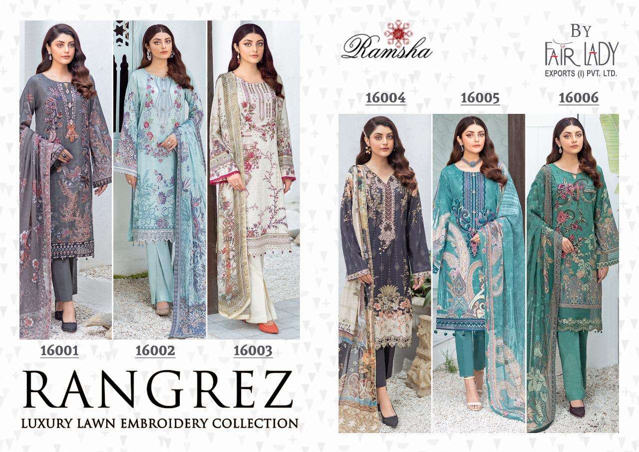 RANGREZ BY FAIR LADY 16001 TO 16006 SERIES DESIGNER PAKISTANI SUITS COLLECTION BEAUTIFUL STYLISH COLORFUL FANCY PARTY WEAR & OCCASIONAL WEAR LAWN COTTON DIGITAL PRINT WITH EMBROIDERY DRESSES AT WHOLESALE PRICE